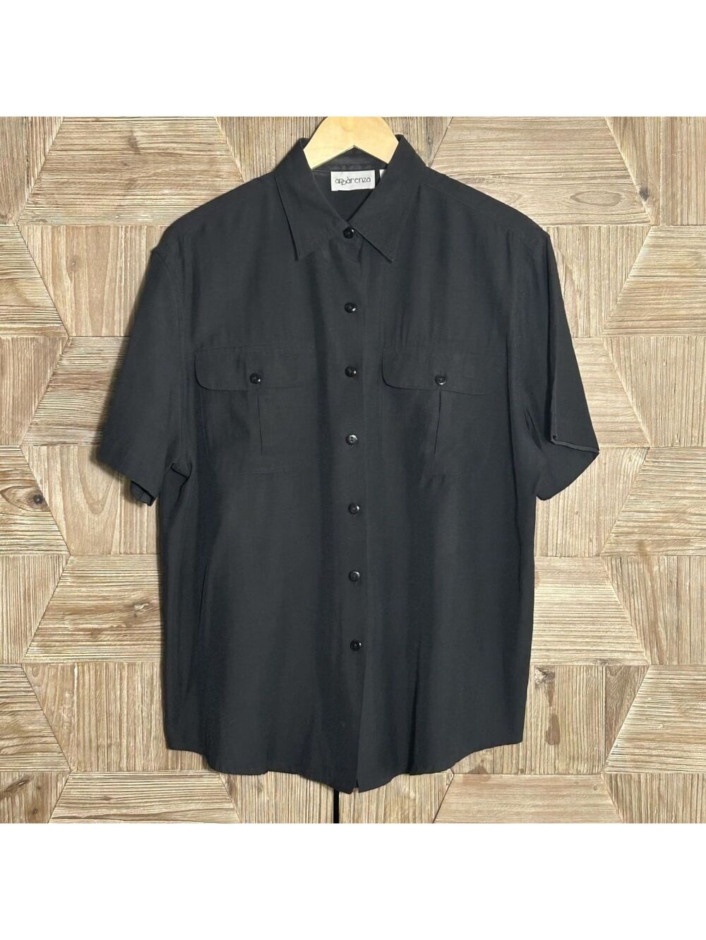Vintage Apparenza Minimalist Black Short Sleeve Button Up Shirt Size L Utility